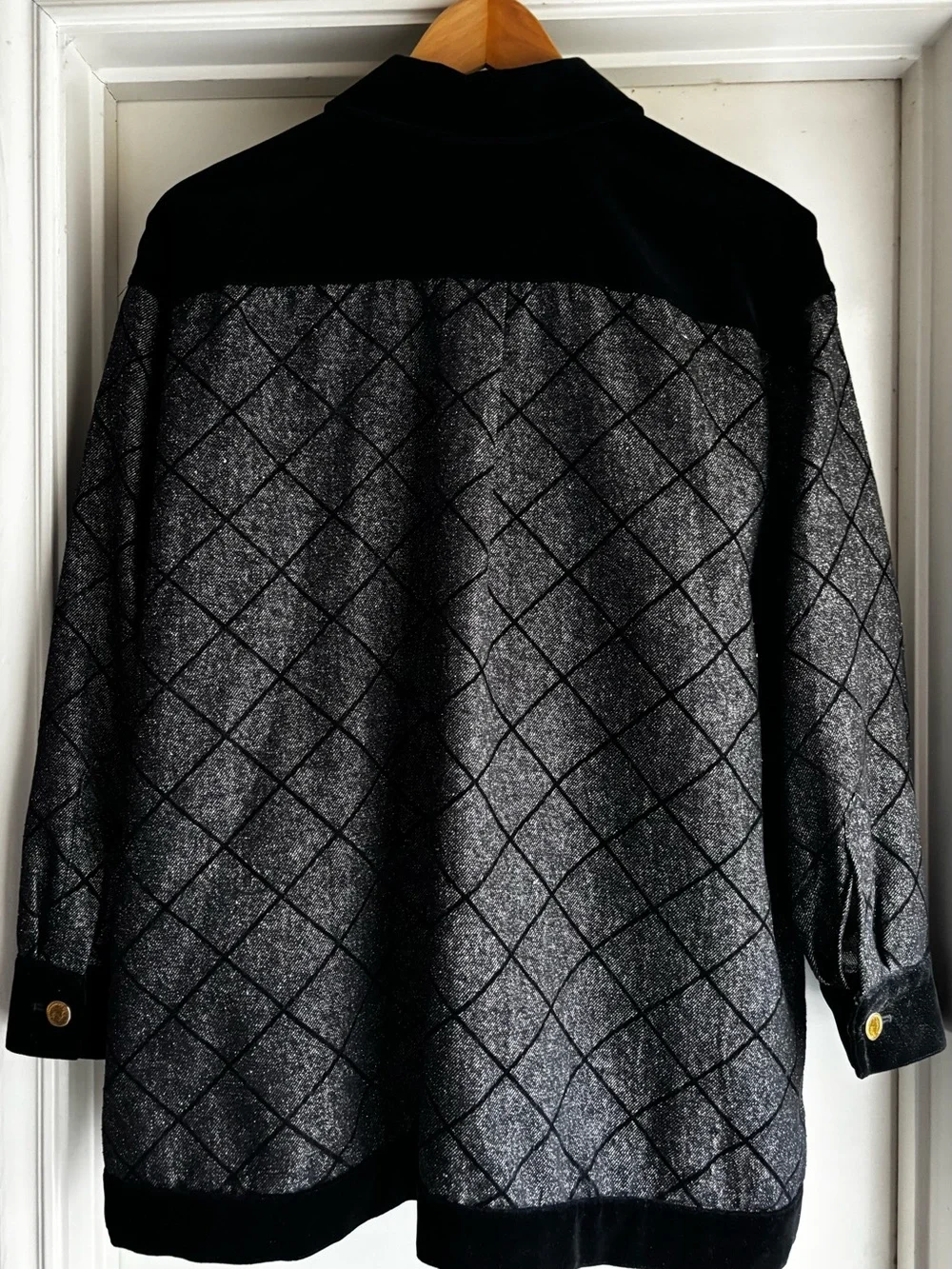 Escada Sparkly Silver Jacket with Black Velvet Trim and Signature Gold Buttons